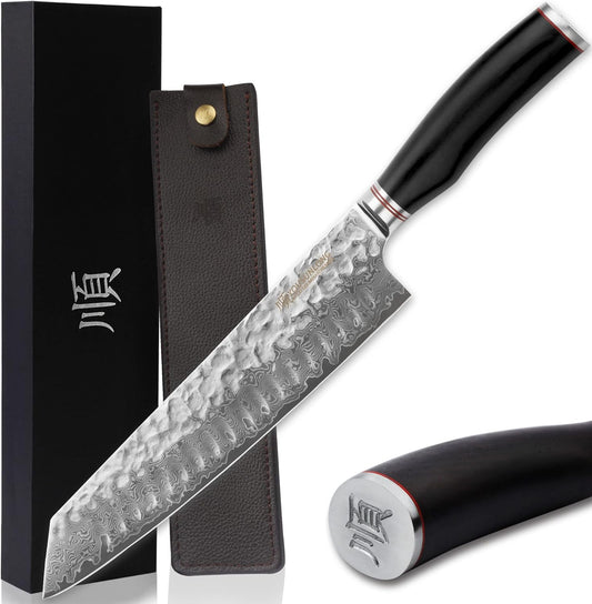 Kiritsuke Chef Knife 10 Inch Japanese Danascus Steel Razor Sharp - Natural Leadwood Handle with Leather Sheath