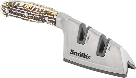 Smith’s 51115 Cabin & Lodge Diamond Edge Grip Sharpener - Brown - Coarse & Fine Sharpeners - Compact - Stable Non-Slip Base – Pull-Through Knife Sharpener – Straight & Serrated Blades