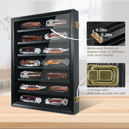 Pocket Knife Display Case 7 Rows Lockable Wooden Knife Shadow Box with HD Tempered Glass, Military Folding Knife Cabinet Stand for Wall with Removable Shelves, Black