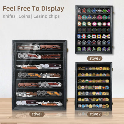 Pocket Knife Display Case 7 Rows Lockable Wooden Knife Shadow Box with HD Tempered Glass, Military Folding Knife Cabinet Stand for Wall with Removable Shelves, Black
