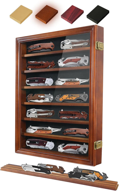 Pocket Knife Display Case 7 Rows Lockable Wooden Knife Shadow Box with HD Tempered Glass, Military Folding Knife Cabinet Stand for Wall with Removable Shelves, Black