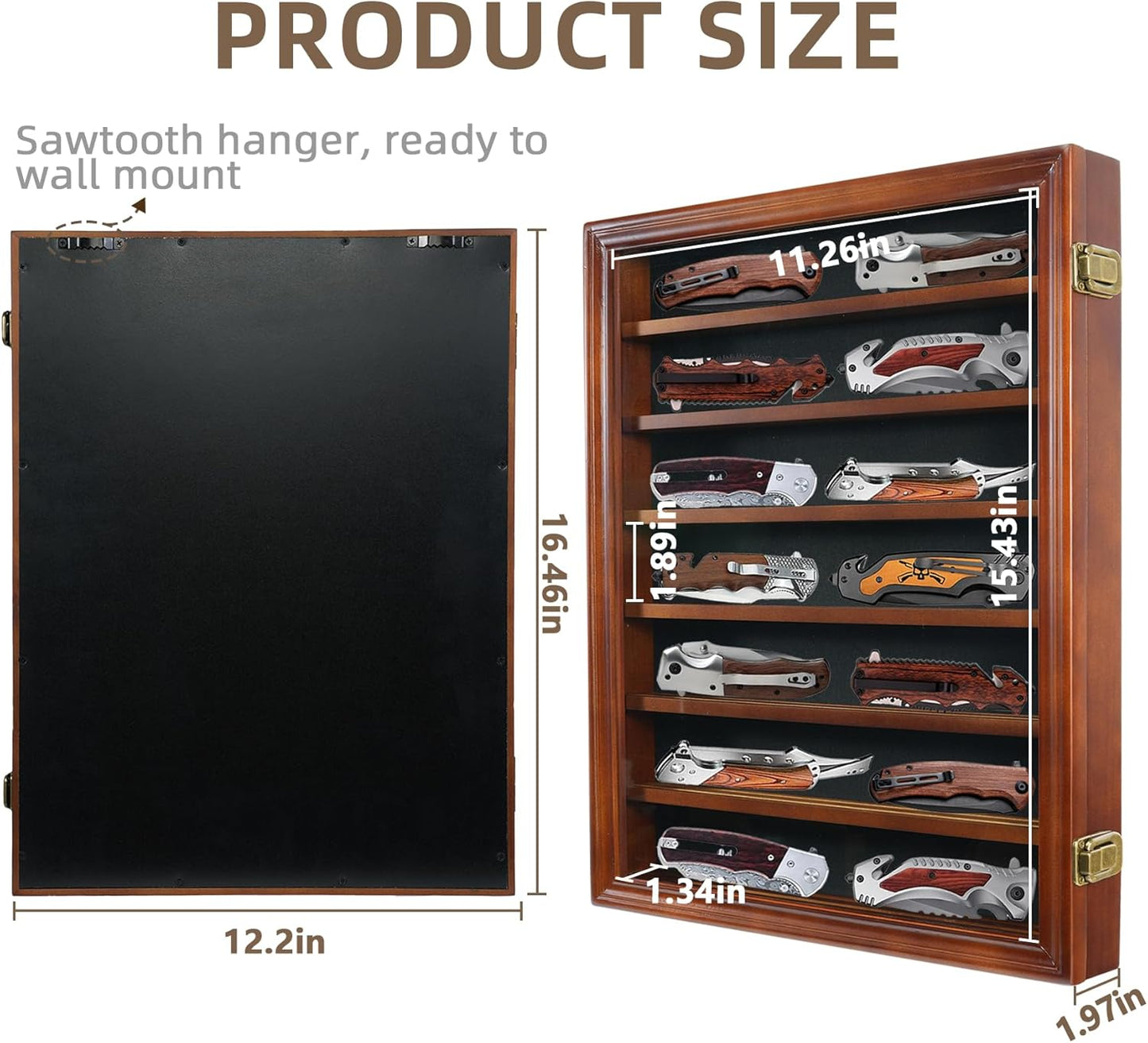 Pocket Knife Display Case 7 Rows Lockable Wooden Knife Shadow Box with HD Tempered Glass, Military Folding Knife Cabinet Stand for Wall with Removable Shelves, Black