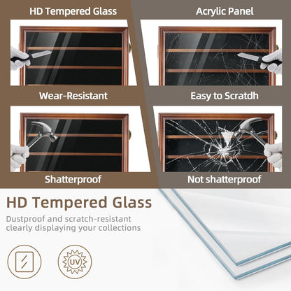 Pocket Knife Display Case 7 Rows Lockable Wooden Knife Shadow Box with HD Tempered Glass, Military Folding Knife Cabinet Stand for Wall with Removable Shelves, Black