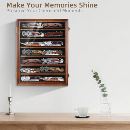 Pocket Knife Display Case 7 Rows Lockable Wooden Knife Shadow Box with HD Tempered Glass, Military Folding Knife Cabinet Stand for Wall with Removable Shelves, Black