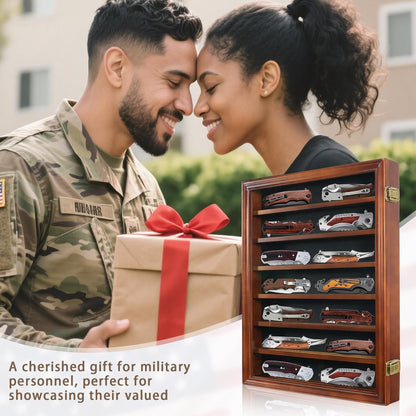 Pocket Knife Display Case 7 Rows Lockable Wooden Knife Shadow Box with HD Tempered Glass, Military Folding Knife Cabinet Stand for Wall with Removable Shelves, Black