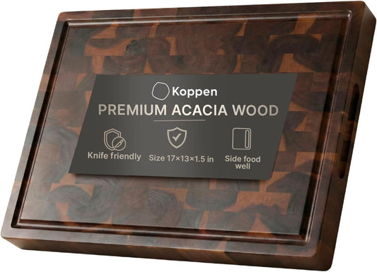 Koppen Wood End Grain Cutting Board, Knife-Friendly Butcher Block with Juice Groove, Inner Handles & Food Well, Reversible Heavy Duty Serving & Chopping Board, Walnut Color, Size 17x13x1.5 in