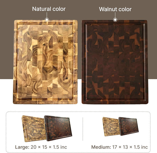 Koppen Wood End Grain Cutting Board, Knife-Friendly Butcher Block with Juice Groove, Inner Handles & Food Well, Reversible Heavy Duty Serving & Chopping Board, Walnut Color, Size 17x13x1.5 in