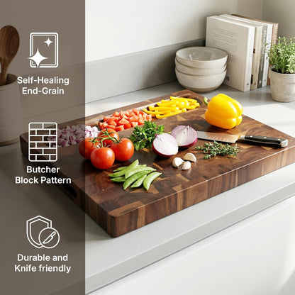 Koppen Wood End Grain Cutting Board, Knife-Friendly Butcher Block with Juice Groove, Inner Handles & Food Well, Reversible Heavy Duty Serving & Chopping Board, Walnut Color, Size 17x13x1.5 in