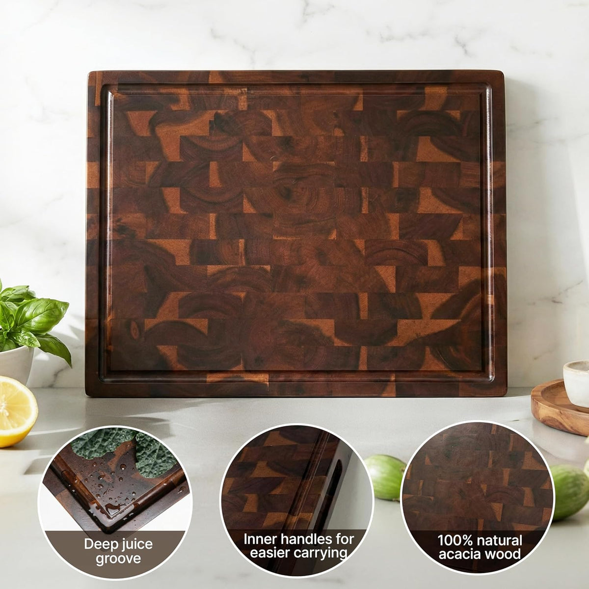 Koppen Wood End Grain Cutting Board, Knife-Friendly Butcher Block with Juice Groove, Inner Handles & Food Well, Reversible Heavy Duty Serving & Chopping Board, Walnut Color, Size 17x13x1.5 in