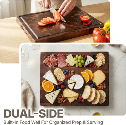 Koppen Wood End Grain Cutting Board, Knife-Friendly Butcher Block with Juice Groove, Inner Handles & Food Well, Reversible Heavy Duty Serving & Chopping Board, Walnut Color, Size 17x13x1.5 in