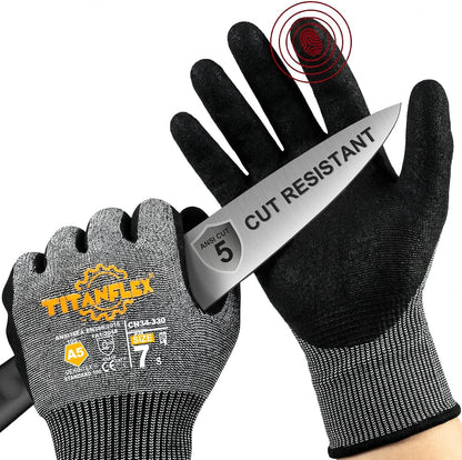 TitanFlex Cut Resistant Gloves ANSI A5, Work Gloves with Sandy Nitrile Grip,Black