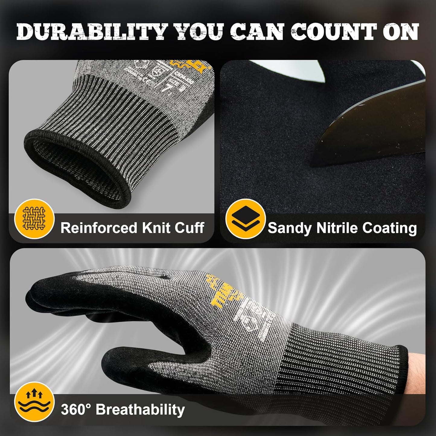 TitanFlex Cut Resistant Gloves ANSI A5, Work Gloves with Sandy Nitrile Grip,Black