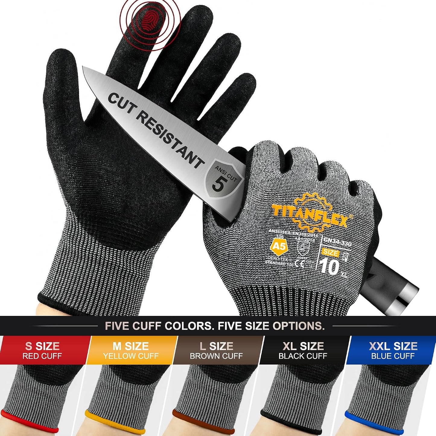 TitanFlex Cut Resistant Gloves ANSI A5, Work Gloves with Sandy Nitrile Grip,Black