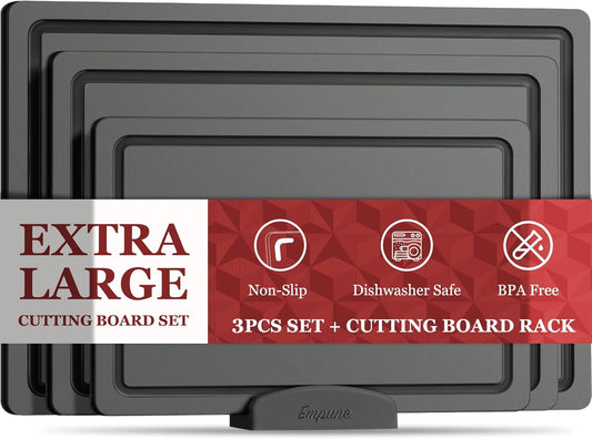 3-Piece Plastic Cutting Boards for Kitchen - Thick & Non-Slip Chopping Board Set with Juice Grooves, Dishwasher Safe, BPA Free, Includes Large & Small Sizes, Gray