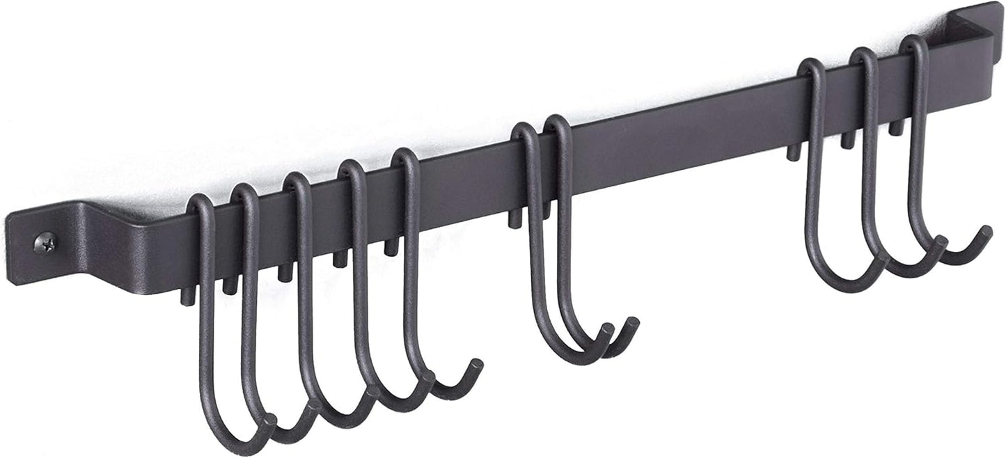 Gourmet Kitchen Rail with 10 Hooks, Wall Mounted Wrought Iron Hanging Utensil Holder Rack with Black 17 Inch