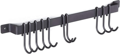Gourmet Kitchen Rail with 10 Hooks, Wall Mounted Wrought Iron Hanging Utensil Holder Rack with Black 17 Inch