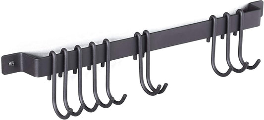 Gourmet Kitchen Rail with 10 Hooks, Wall Mounted Wrought Iron Hanging Utensil Holder Rack with Black 17 Inch