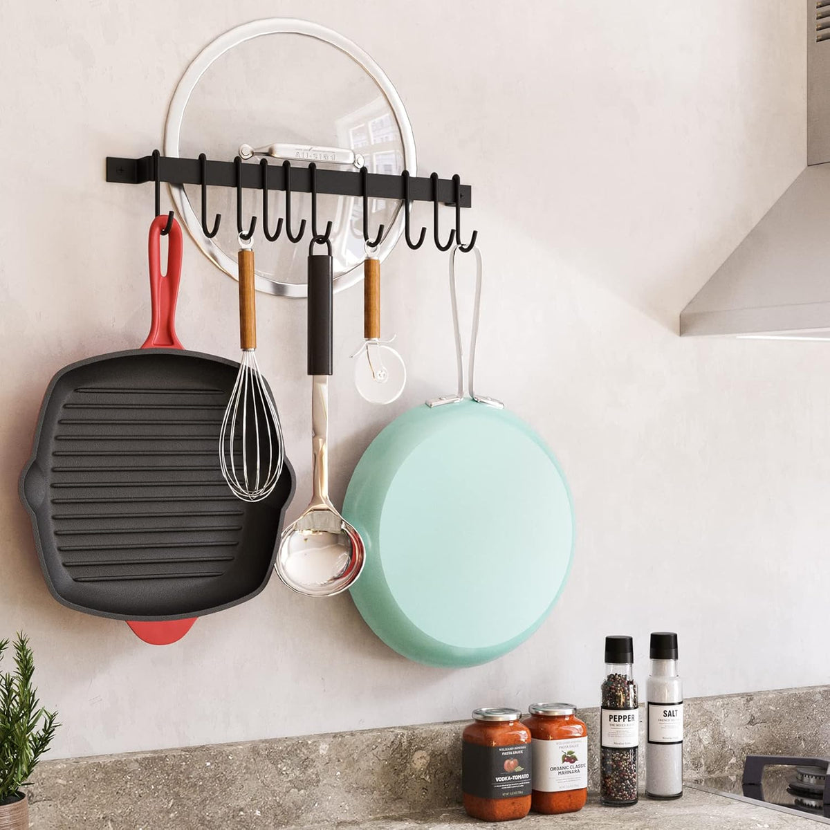 Gourmet Kitchen Rail with 10 Hooks, Wall Mounted Wrought Iron Hanging Utensil Holder Rack with Black 17 Inch