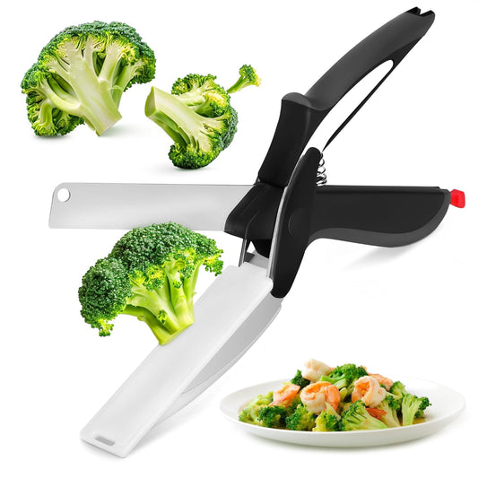 2 In 1 Kitchen Scissors With Cutting Board, Safety Lock (Black) | Cutting Board Scissors for Food with Locking Latch, Storage Holder & Comfort Grip; Dishwasher Safe; for Vegetables and Fruits
