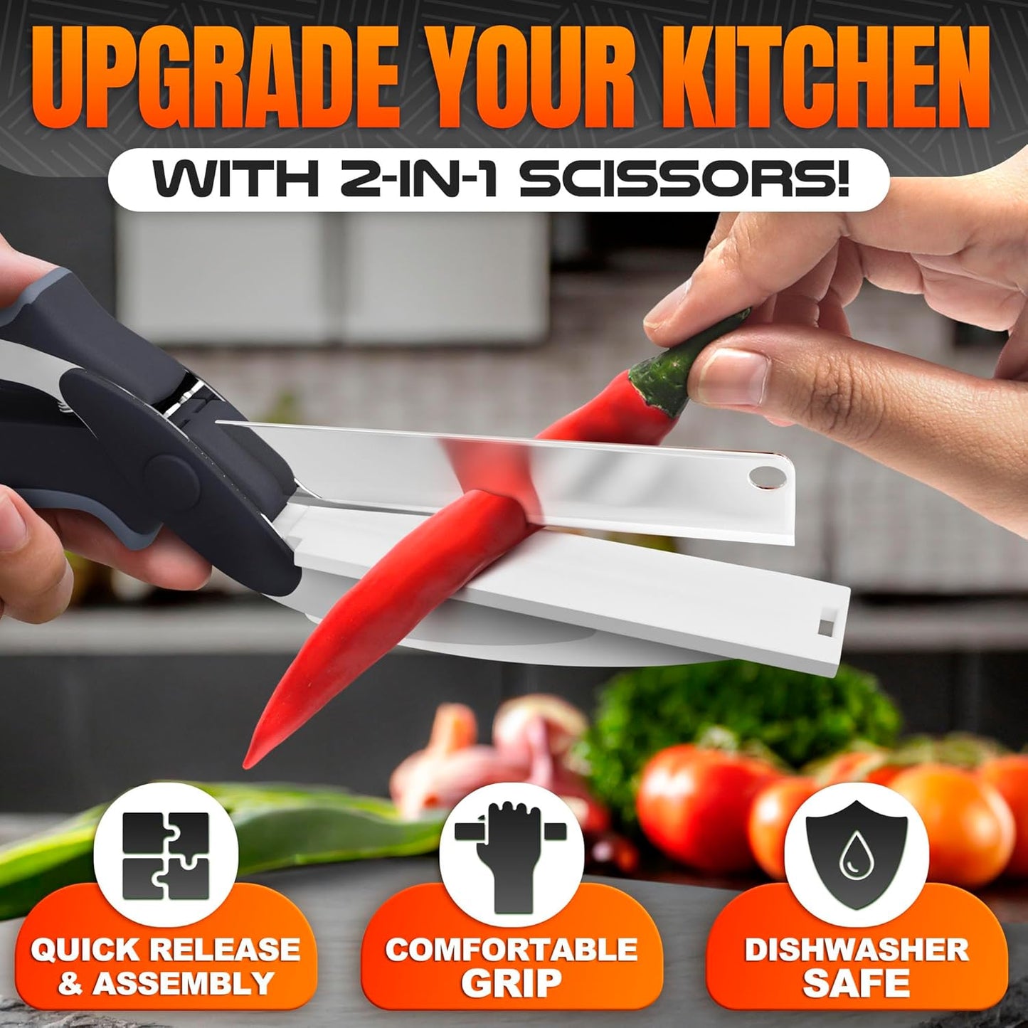2 In 1 Kitchen Scissors With Cutting Board, Safety Lock (Black) | Cutting Board Scissors for Food with Locking Latch, Storage Holder & Comfort Grip; Dishwasher Safe; for Vegetables and Fruits