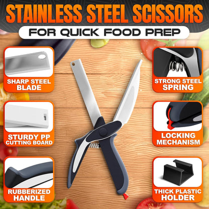 2 In 1 Kitchen Scissors With Cutting Board, Safety Lock (Black) | Cutting Board Scissors for Food with Locking Latch, Storage Holder & Comfort Grip; Dishwasher Safe; for Vegetables and Fruits
