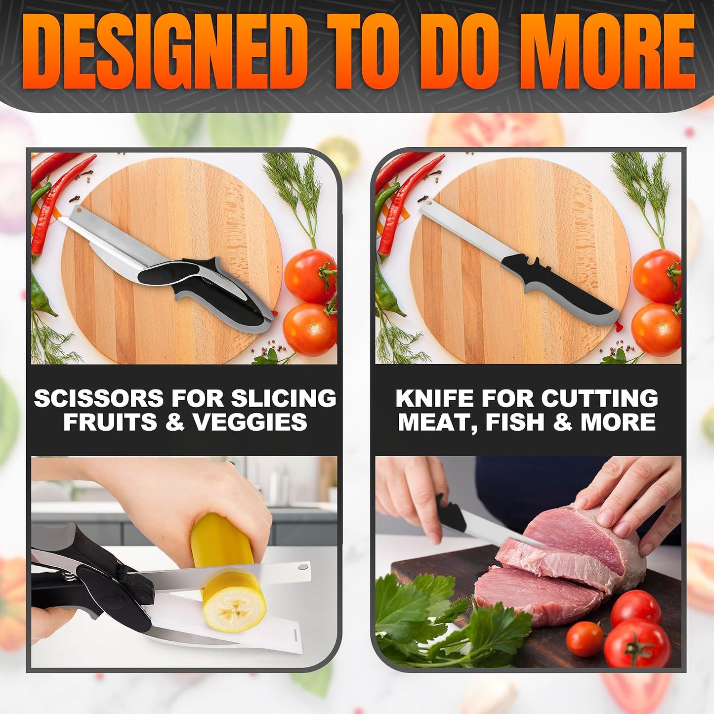 2 In 1 Kitchen Scissors With Cutting Board, Safety Lock (Black) | Cutting Board Scissors for Food with Locking Latch, Storage Holder & Comfort Grip; Dishwasher Safe; for Vegetables and Fruits