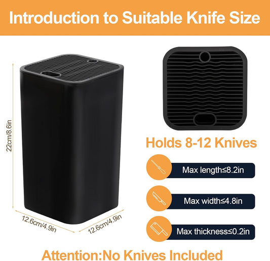 Universal Knife Block without Knives, Kitchen Storage with Scissors Sharpening Rod Slot for Easy Cleaning, Detachable Safe Space Saver Knife Holder Stand for Counter Top (Black）