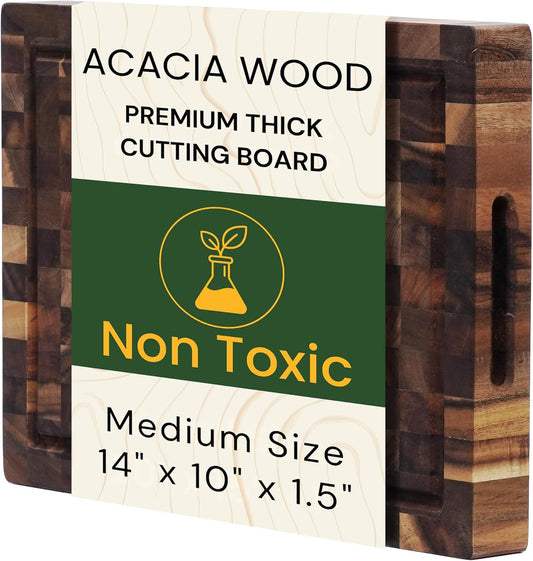 End Grain Acacia Wood Cutting Board 14" x 10" x 1.5", Thick Butcher Block with Deep Juice Groove & Handles. Knife Friendly Solid Hardwood Board for Meat, Chopping, Carving & BBQ by New M Way