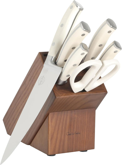 Kitchen Essentials Tasting Kitchen High-Carbon German Steel 7 Piece Full Tang Forged Cutlery Knife Block Set - Eggshell White W/Ashwood Block