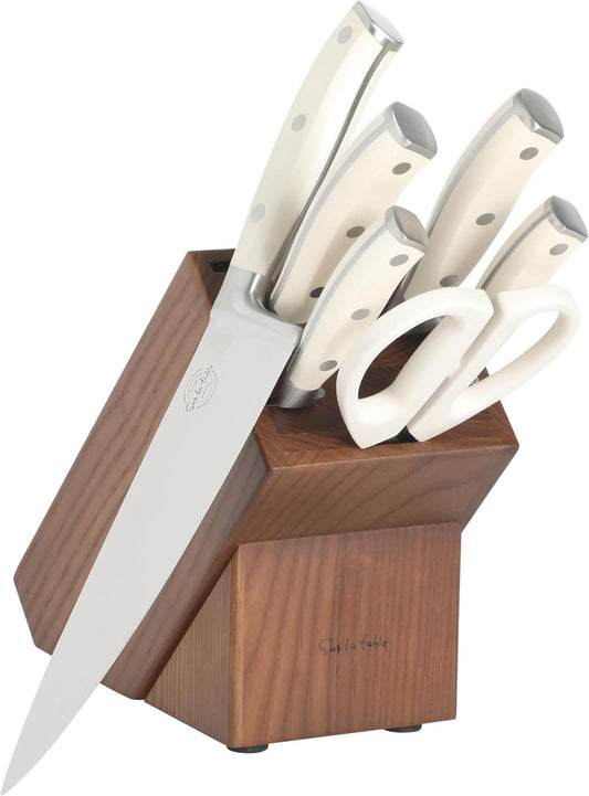 Kitchen Essentials Tasting Kitchen High-Carbon German Steel 7 Piece Full Tang Forged Cutlery Knife Block Set - Eggshell White W/Ashwood Block