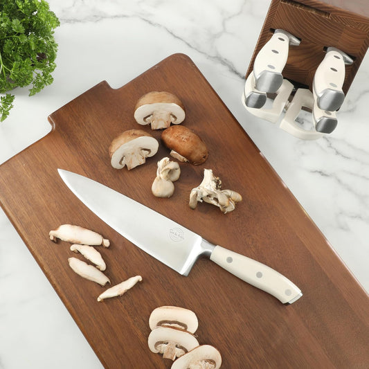 Kitchen Essentials Tasting Kitchen High-Carbon German Steel 7 Piece Full Tang Forged Cutlery Knife Block Set - Eggshell White W/Ashwood Block