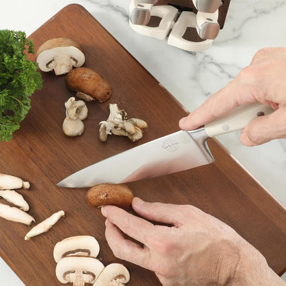 Kitchen Essentials Tasting Kitchen High-Carbon German Steel 7 Piece Full Tang Forged Cutlery Knife Block Set - Eggshell White W/Ashwood Block