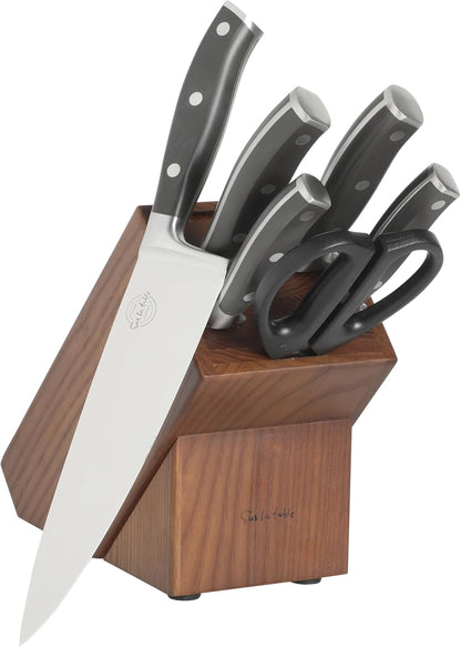 Kitchen Essentials Tasting Kitchen High-Carbon German Steel 7 Piece Full Tang Forged Cutlery Knife Block Set - Eggshell White W/Ashwood Block