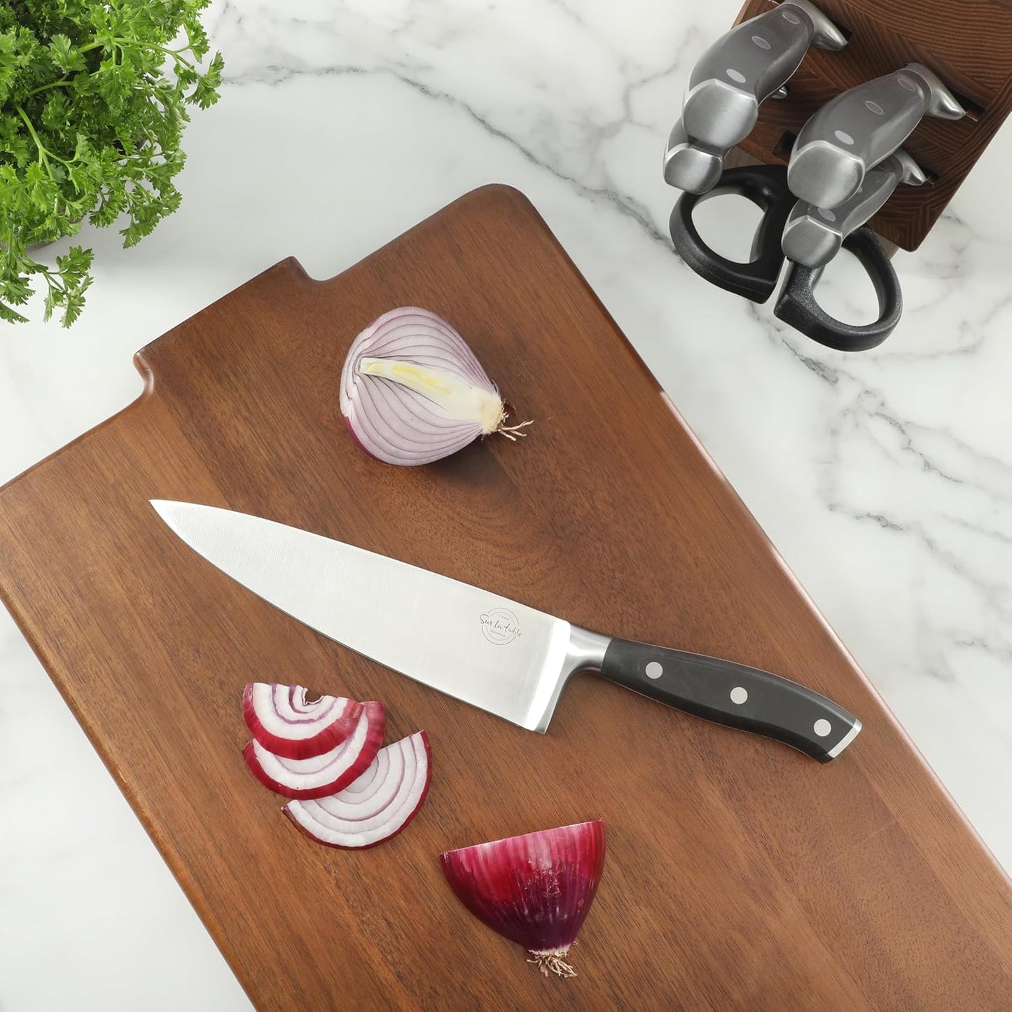 Kitchen Essentials Tasting Kitchen High-Carbon German Steel 7 Piece Full Tang Forged Cutlery Knife Block Set - Eggshell White W/Ashwood Block