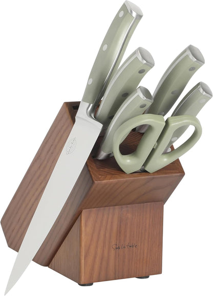 Kitchen Essentials Tasting Kitchen High-Carbon German Steel 7 Piece Full Tang Forged Cutlery Knife Block Set - Eggshell White W/Ashwood Block
