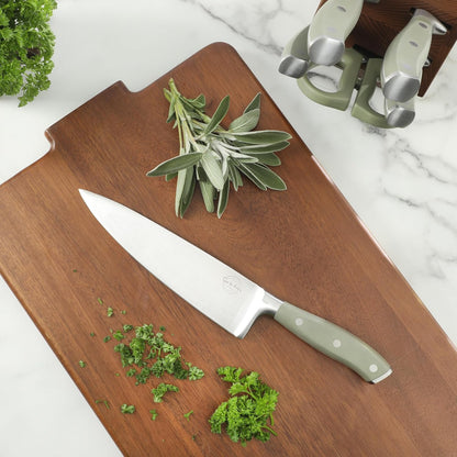 Kitchen Essentials Tasting Kitchen High-Carbon German Steel 7 Piece Full Tang Forged Cutlery Knife Block Set - Eggshell White W/Ashwood Block