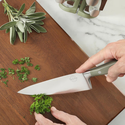 Kitchen Essentials Tasting Kitchen High-Carbon German Steel 7 Piece Full Tang Forged Cutlery Knife Block Set - Eggshell White W/Ashwood Block
