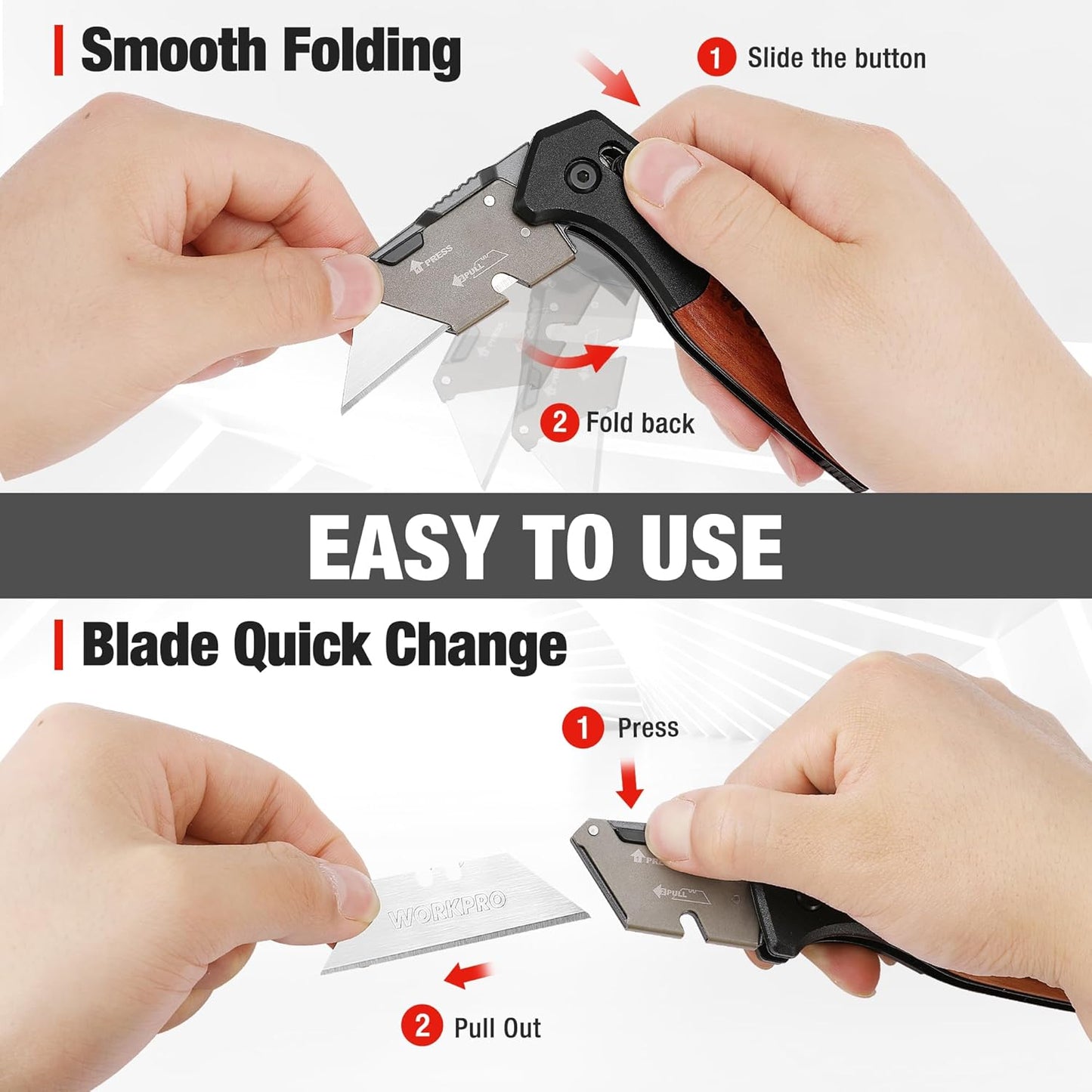 Folding Utility Knife, Wood Handle Razor Knife | Quick-Change Box Cutter with Stainless Steel Head, Liner Lock and Extra 10PC SK5 Blades