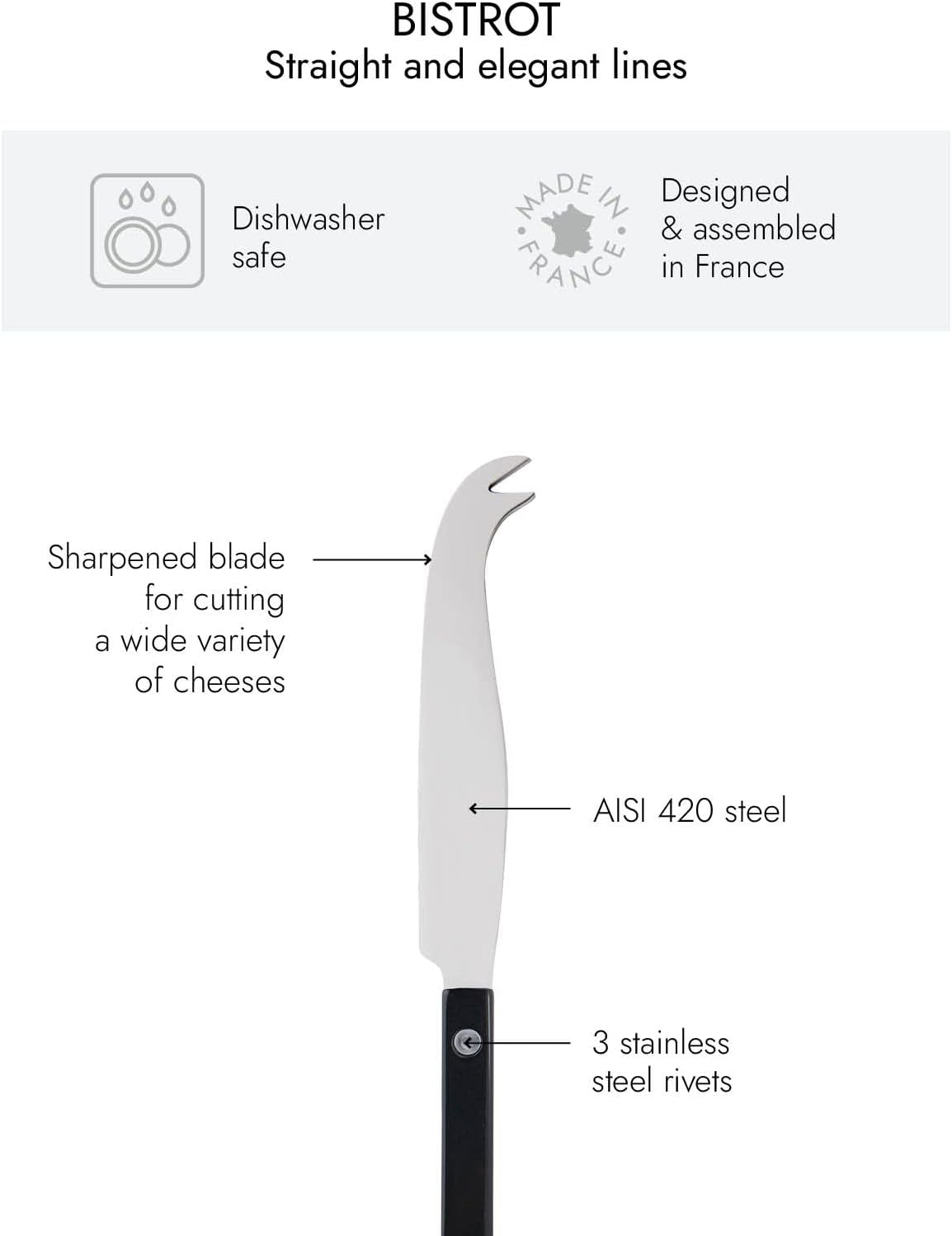 Cheese Knife 9.4 inches - Bistrot Collection - All Cheeses - Stainless Steel & Nylon - Dishwasher Safe - Navy Blue - Brilliant Finish