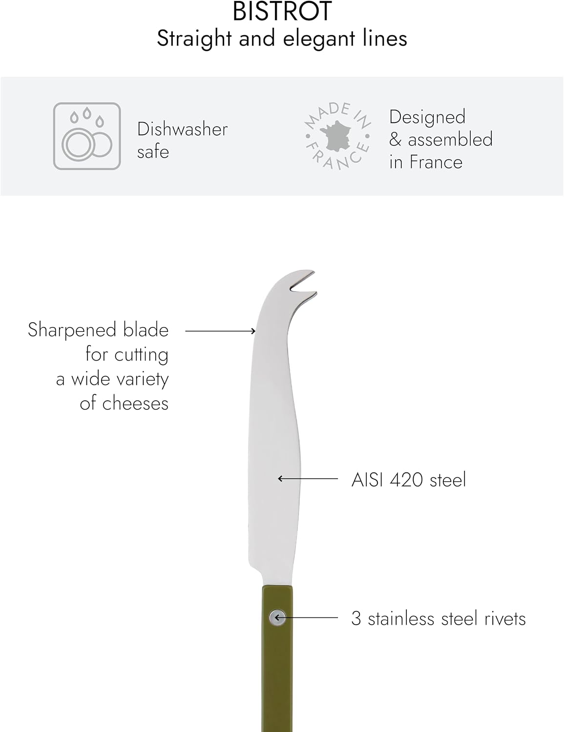 Cheese Knife 9.4 inches - Bistrot Collection - All Cheeses - Stainless Steel & Nylon - Dishwasher Safe - Navy Blue - Brilliant Finish