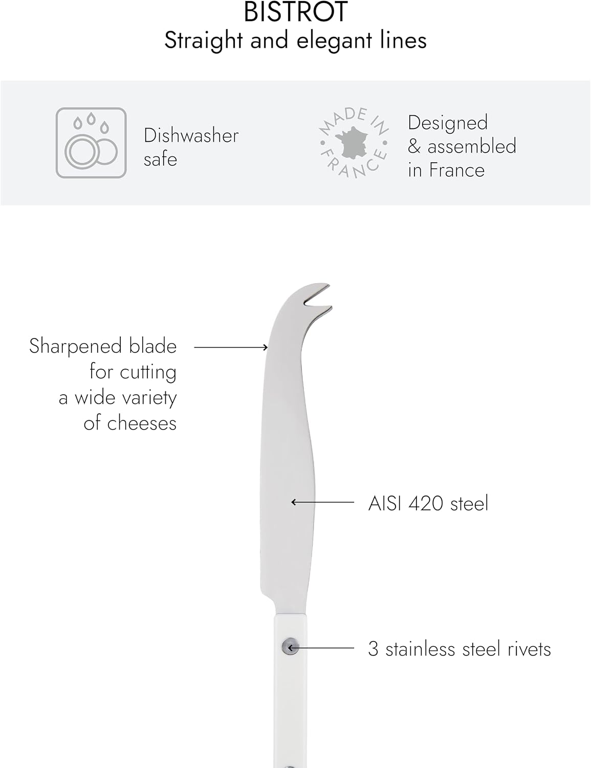 Cheese Knife 9.4 inches - Bistrot Collection - All Cheeses - Stainless Steel & Nylon - Dishwasher Safe - Navy Blue - Brilliant Finish