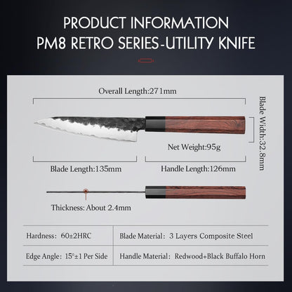 5.3" Utility Knife, Clad Steel Composite Forging Steel Universal Knife, Petty Knife Paring Fruit Peeling,Japanese Style Kitchen Knife,Natural Wood Octagonal Handle