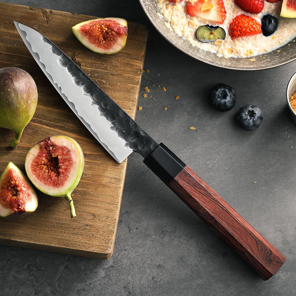 5.3" Utility Knife, Clad Steel Composite Forging Steel Universal Knife, Petty Knife Paring Fruit Peeling,Japanese Style Kitchen Knife,Natural Wood Octagonal Handle