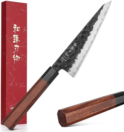 5.3" Utility Knife, Clad Steel Composite Forging Steel Universal Knife, Petty Knife Paring Fruit Peeling,Japanese Style Kitchen Knife,Natural Wood Octagonal Handle