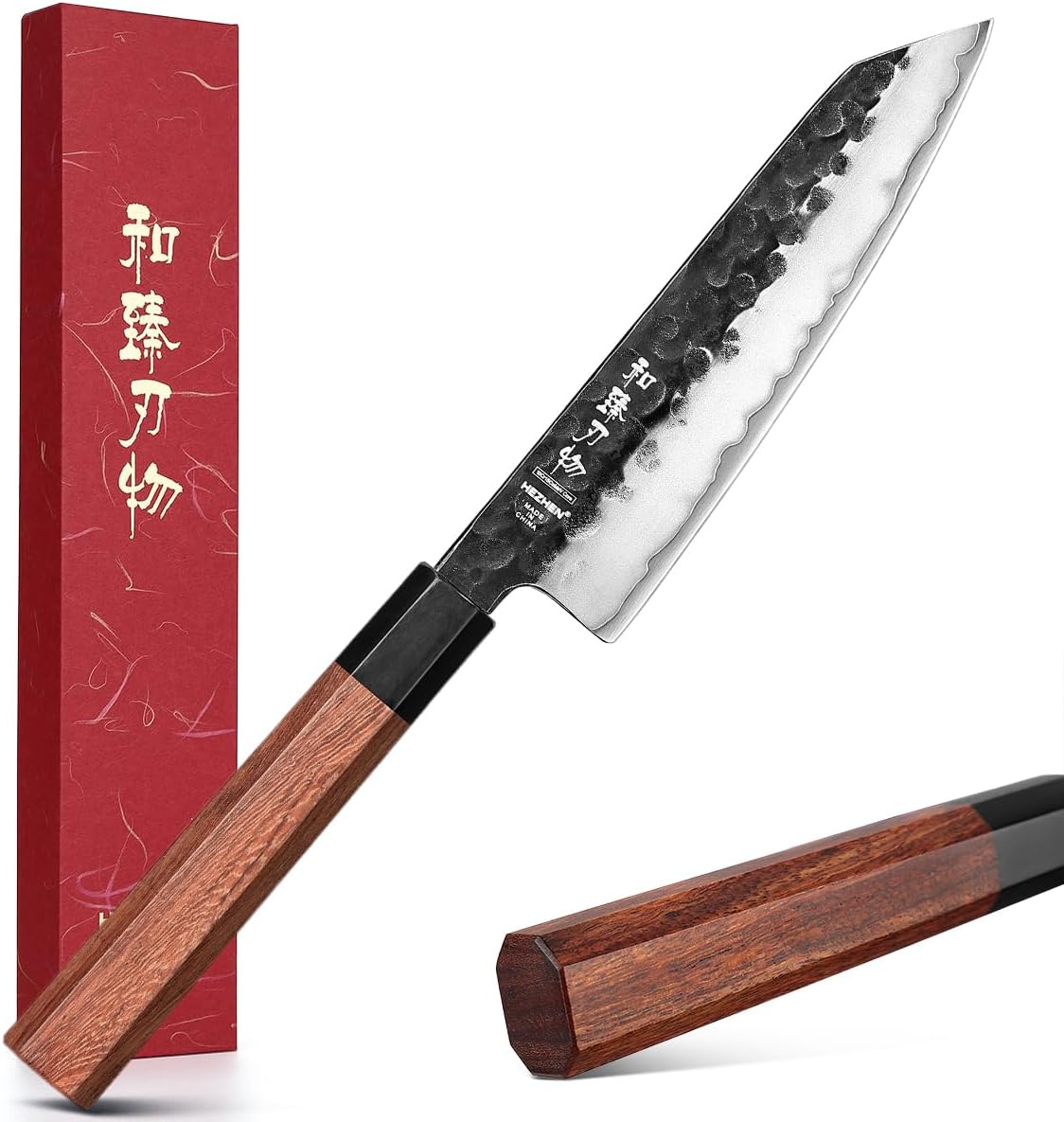 5.3" Utility Knife, Clad Steel Composite Forging Steel Universal Knife, Petty Knife Paring Fruit Peeling,Japanese Style Kitchen Knife,Natural Wood Octagonal Handle