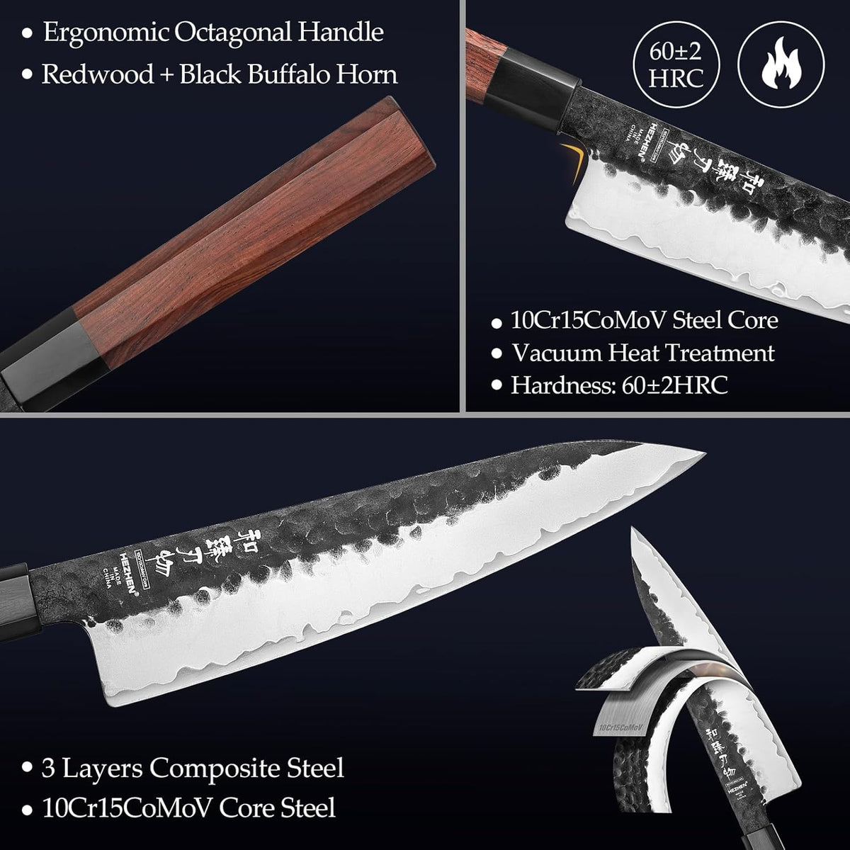 5.3" Utility Knife, Clad Steel Composite Forging Steel Universal Knife, Petty Knife Paring Fruit Peeling,Japanese Style Kitchen Knife,Natural Wood Octagonal Handle