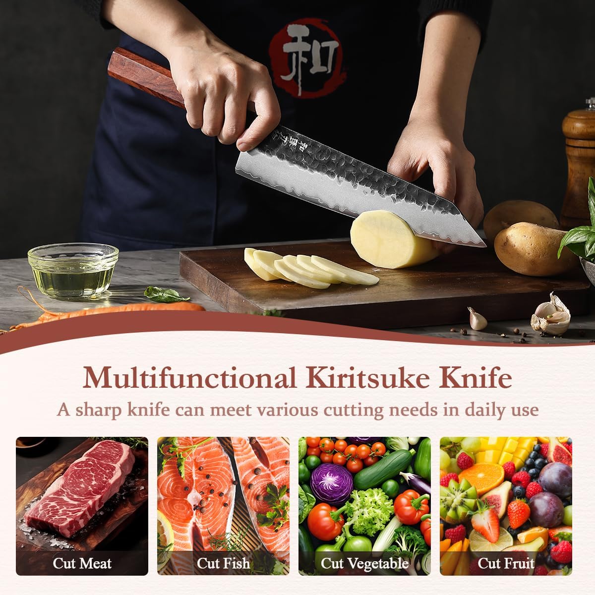 5.3" Utility Knife, Clad Steel Composite Forging Steel Universal Knife, Petty Knife Paring Fruit Peeling,Japanese Style Kitchen Knife,Natural Wood Octagonal Handle