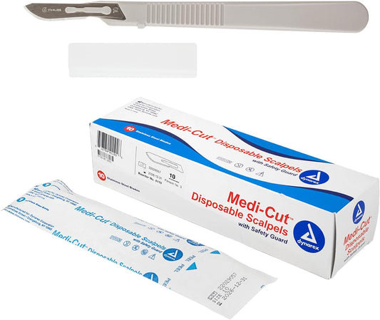 Medi-Cut Disposable Scalpel Blades - Sterile Knives with Plastic Guard - 4.9-inch Plastic Handle, Stainless Steel Blade - Size 10