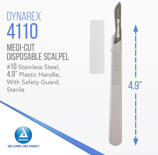 Medi-Cut Disposable Scalpel Blades - Sterile Knives with Plastic Guard - 4.9-inch Plastic Handle, Stainless Steel Blade - Size 10