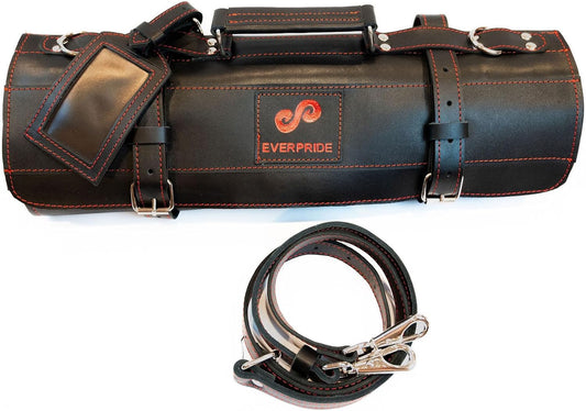 Black Leather with Gorgeous Red Trim, Professional Chef Knife Roll and Bag for Knives. Premium Leather Bag, Sturdy Construction, Luxury Collection.